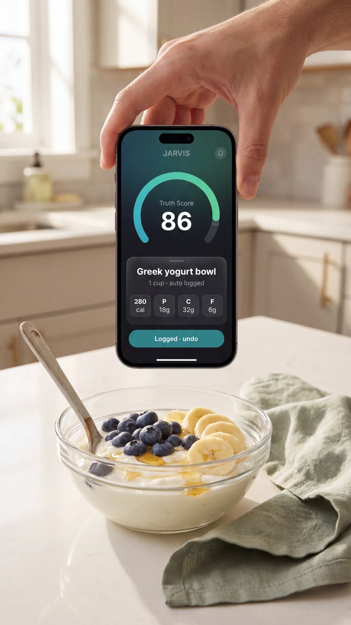 PeakAI JARVIS snap and say auto log screen showing a logged meal