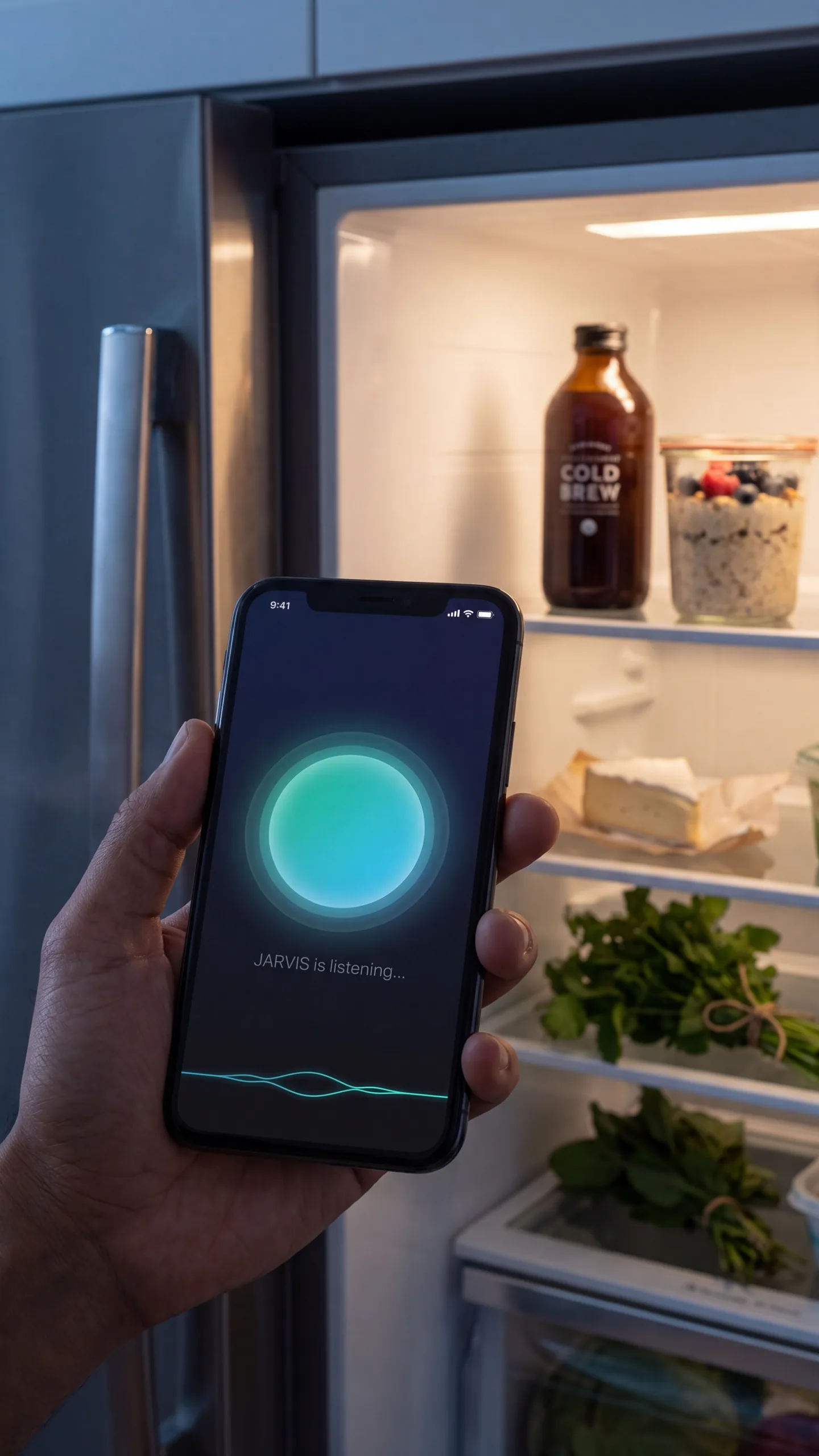 PeakAI JARVIS voice mode glowing orb on a dark screen