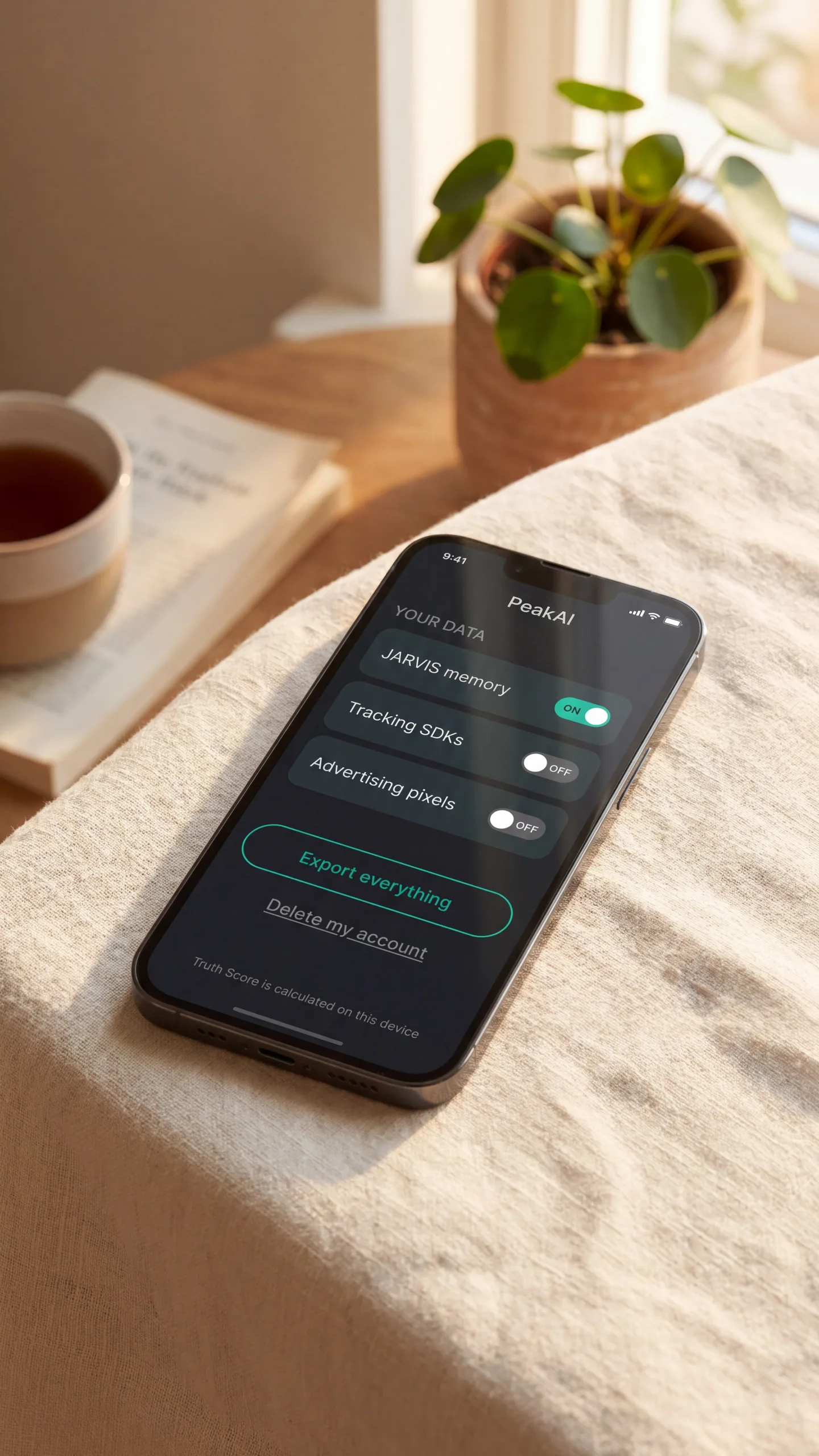 PeakAI privacy and data export screen