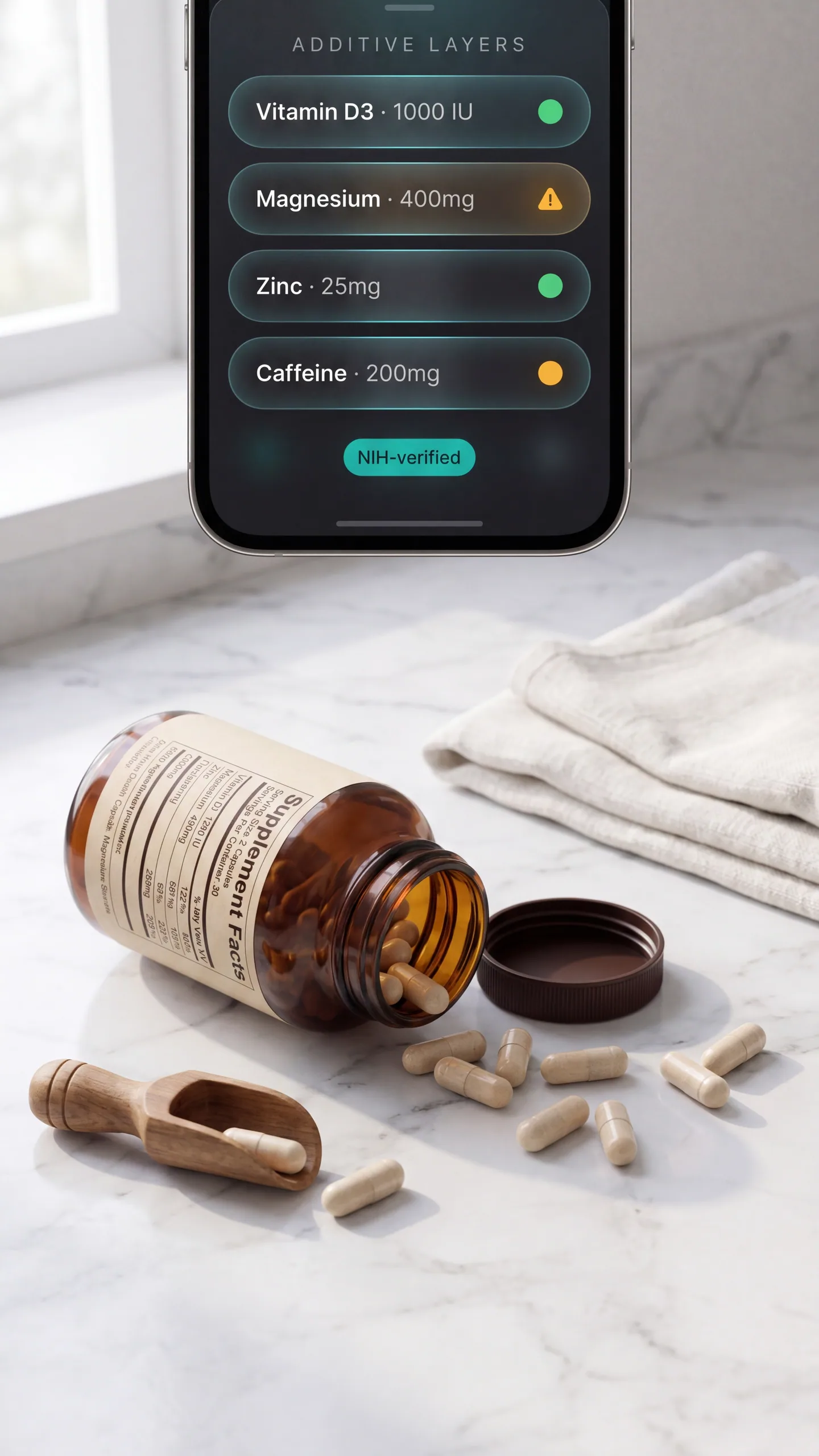 PeakAI supplement card with additive layer chips and dosage indicators